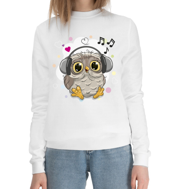 Женский хлопковый свитшот с изображением Совушка-меломан цвета Белый