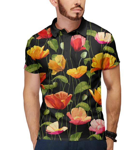 Мужское поло с изображением Тюльпаны цвета Белый