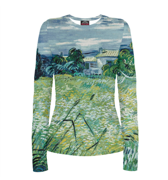 Женский лонгслив с изображением Ван Гог. Зеленое пшеничное поле с кипарисом цвета Белый