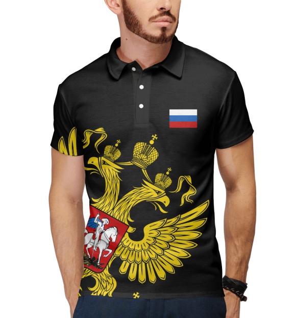 Мужское поло с изображением Россия Флаг и Герб цвета Белый