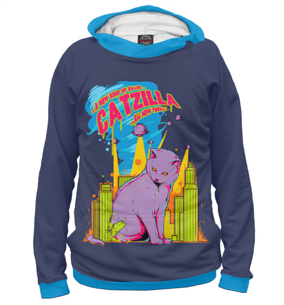 Мужское худи с изображением Catzilla Котзилла цвета Белый