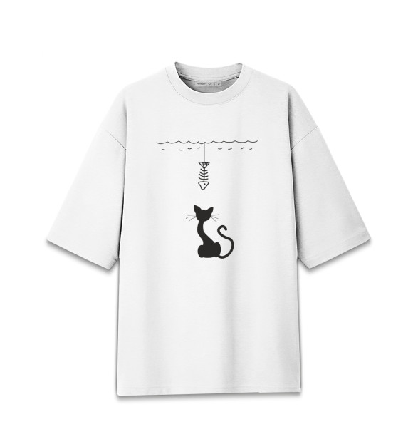 Мужская футболка оверсайз с изображением Голодный котик цвета Белый