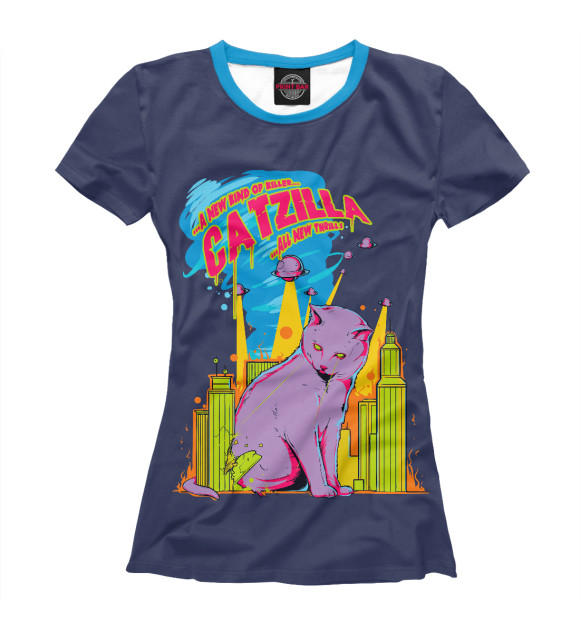 Футболка для девочек с изображением Catzilla Котзилла цвета Белый