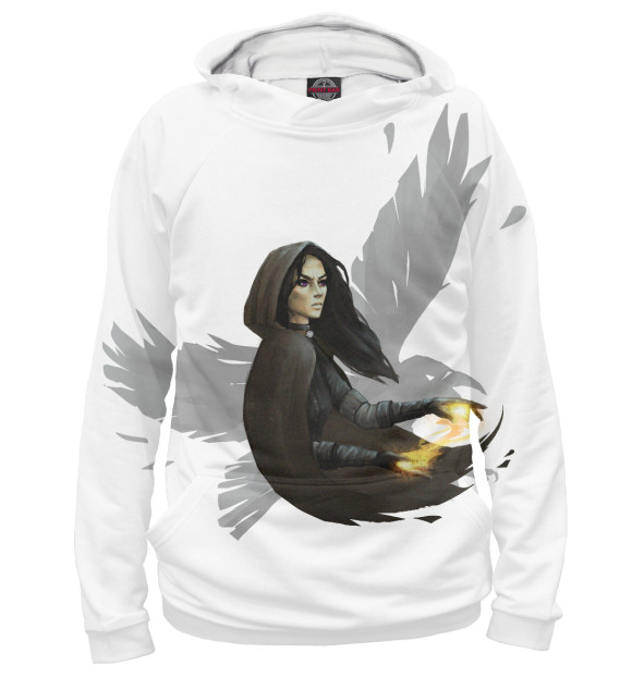 Мужское худи с притом Девушка маг с силуэтом ворона цвета Белый Мужское худи с изображением Девушка маг с силуэтом ворона цвета Белый