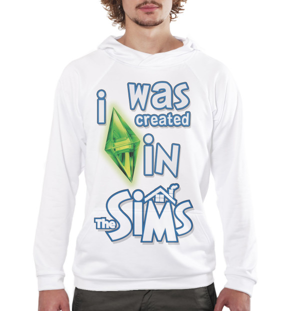 Мужское худи с изображением I Was Created in Sims цвета Белый