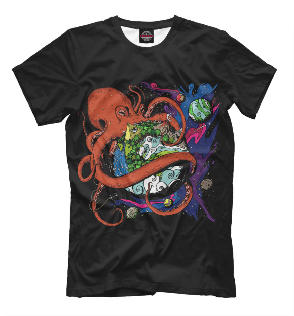 Мужская футболка с изображением Octopus World цвета Черный