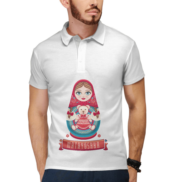 Мужское поло с изображением Матрешка цвета Белый