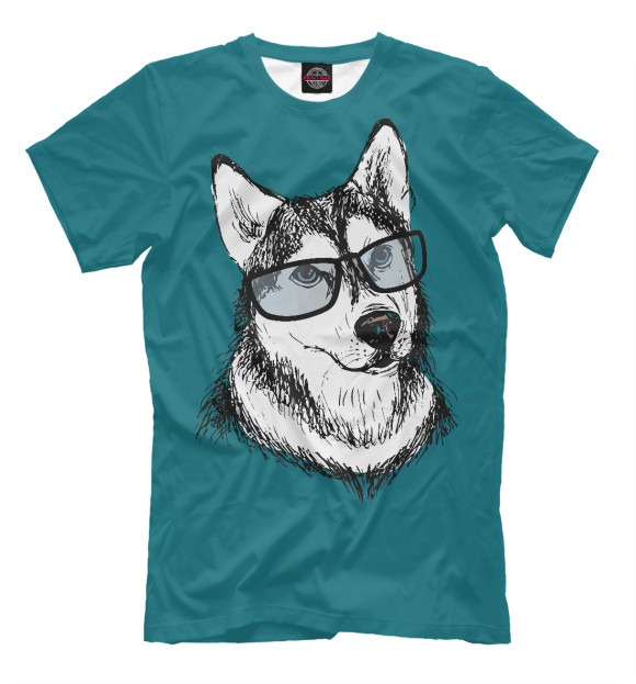 Мужская футболка с изображением Собачка в очках цвета Грязно-голубой