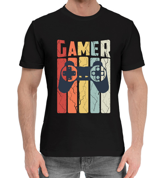 Мужская хлопковая футболка с притом Геймер синий джостик цвета Черный Мужская хлопковая футболка с изображением Геймер синий джостик цвета Черный
