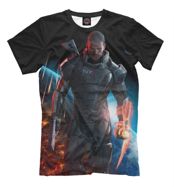 Мужская футболка с изображением Mass Effect — Шепард цвета Черный