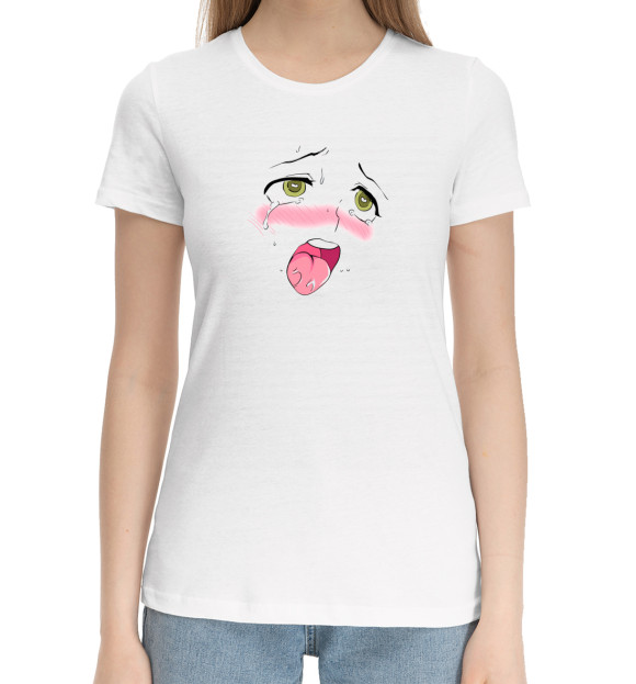Женская хлопковая футболка с изображением Ahegao цвета Белый