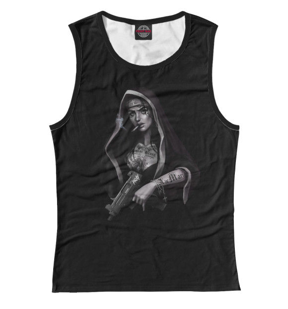 Женская майка с изображением Монашка и оружие цвета Белый