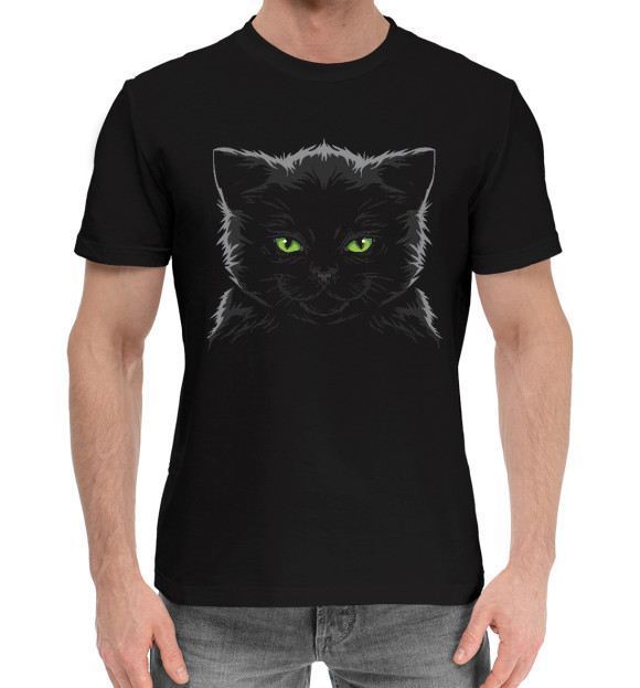 Мужская хлопковая футболка с изображением Котик цвета Черный