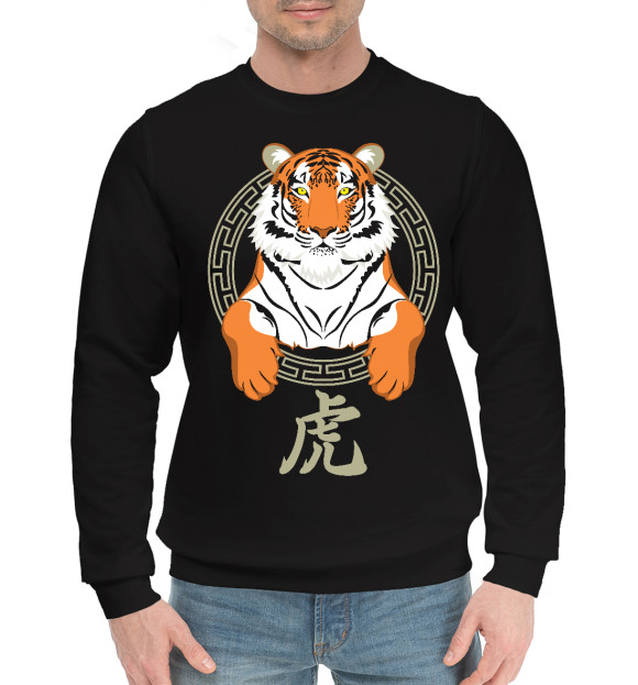 Мужской хлопковый свитшот с изображением Китайский тигр цвета Черный