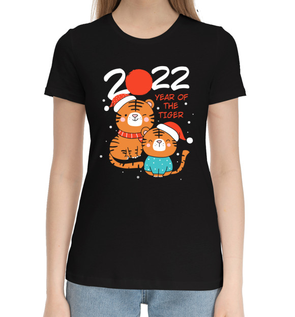 Женская хлопковая футболка с изображением 2022 year of the tiger цвета Черный