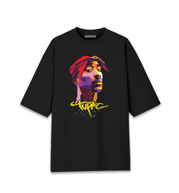 Женская футболка оверсайз с притом Tupac цвета Черный Женская футболка оверсайз с изображением Tupac цвета Черный