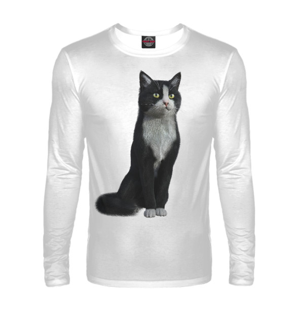 Мужской лонгслив с изображением Кот с манишкой цвета Белый