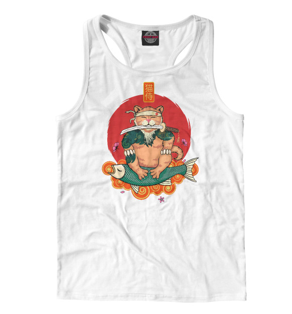 Мужская майка-борцовка с изображением Кот самурай цвета Белый