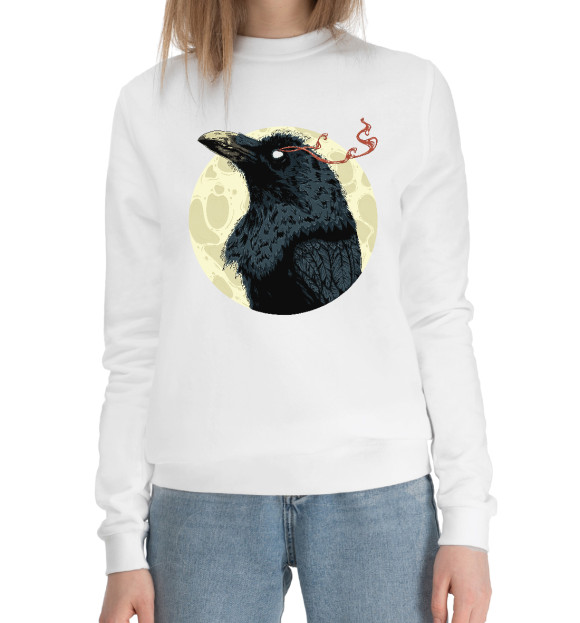 Женский хлопковый свитшот с притом Ворон на фоне луны цвета Белый Женский хлопковый свитшот с изображением Ворон на фоне луны цвета Белый
