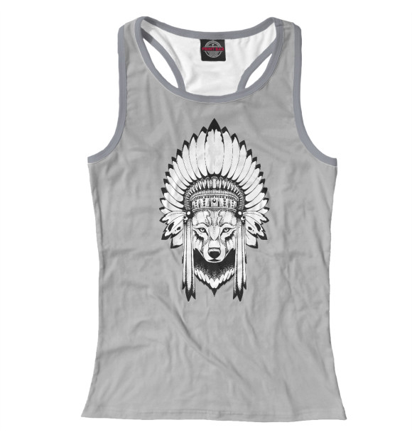 Женская майка-борцовка с изображением Индеец волк на сером фоне цвета Белый