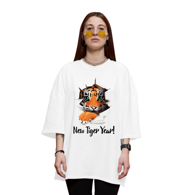 Женская футболка оверсайз с изображением New tiger Year! цвета Белый