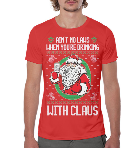 Мужская футболка с изображением Ain't no laws when you're drinking with claus цвета Белый
