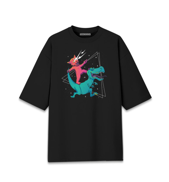 Женская футболка оверсайз с изображением Кот и динозавр цвета Черный