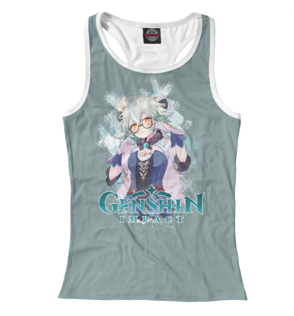 Женская майка-борцовка с притом Сахароза   Genshin Impact цвета Белый Женская майка-борцовка с изображением Сахароза   Genshin Impact цвета Белый