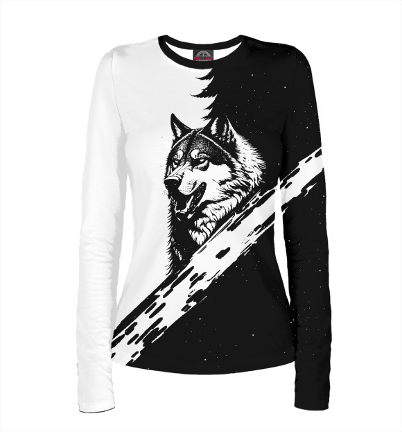 Женский лонгслив с изображением Волк на краю леса цвета Белый
