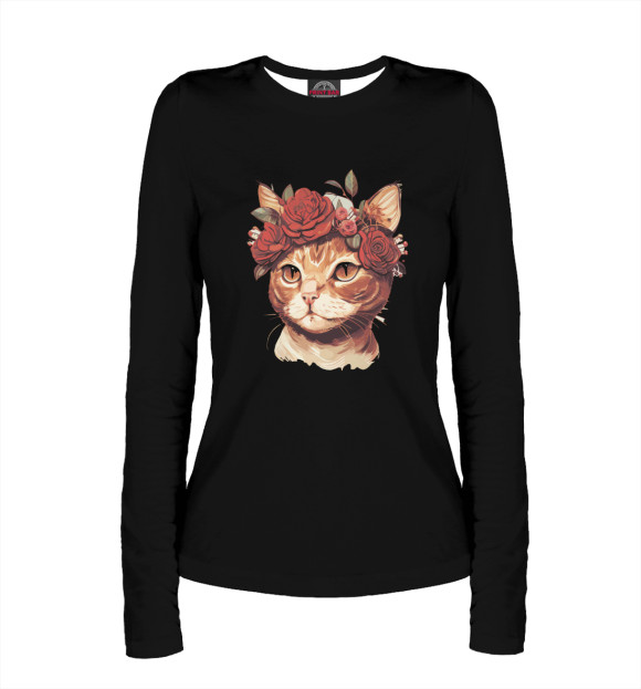 Женский лонгслив с изображением Кошка с цветами цвета Белый