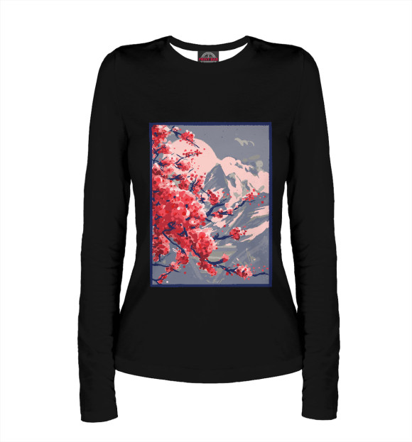 Женский лонгслив с изображением Горный пейзаж Сакура цвета Белый