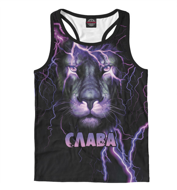 Мужская майка-борцовка с изображением Неоновый лев Слава цвета Белый