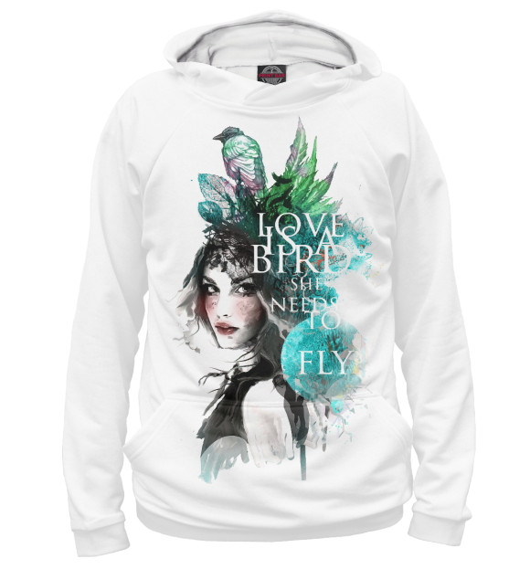 Худи для девочки с изображением Девушка с птицами и листьями цвета Белый