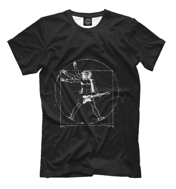 Мужская футболка с изображением Витрувианский человек с гитарой на черном цвета Черный