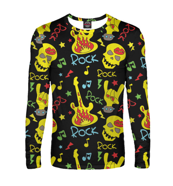 Мужской лонгслив с изображением Яркий рок узор на черном цвета Белый