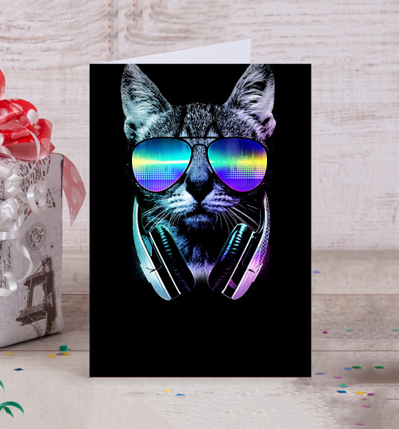 Открытка с изображением Кот диджей цвета Белый