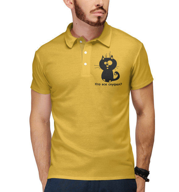 Мужское поло с изображением Удивлённый кот на жёлтом фоне цвета Белый