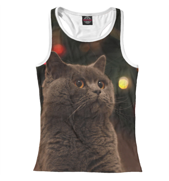 Женская майка-борцовка с изображением Новогодний кот цвета Белый