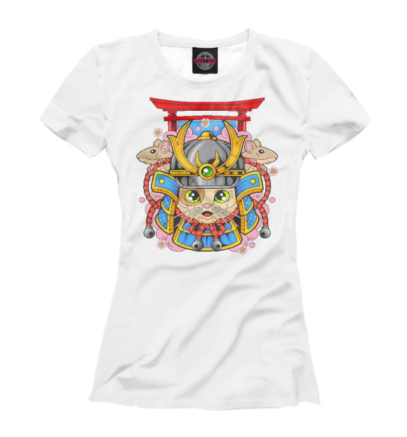 Женская футболка с изображением Кот самурай цвета Белый
