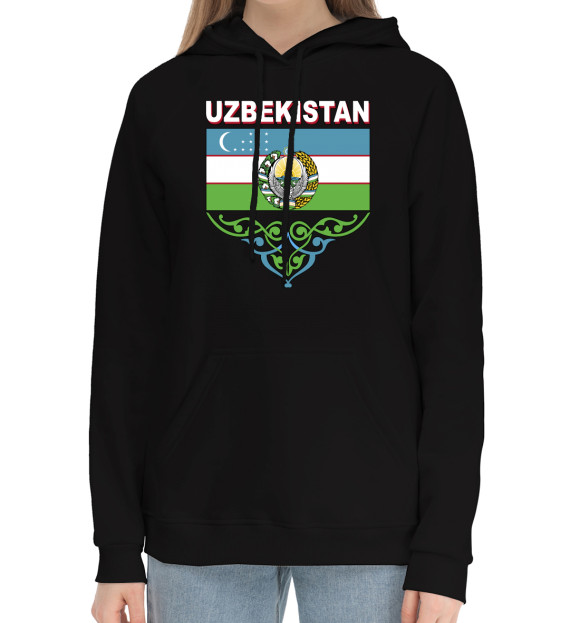 Женский хлопковый худи с изображением Узбекистан цвета Черный