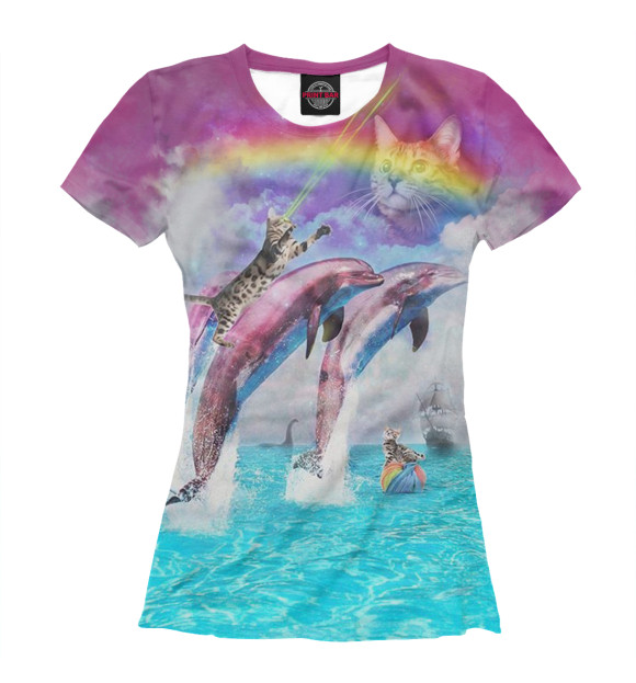 Женская футболка с изображением Кот и дельфины цвета Белый