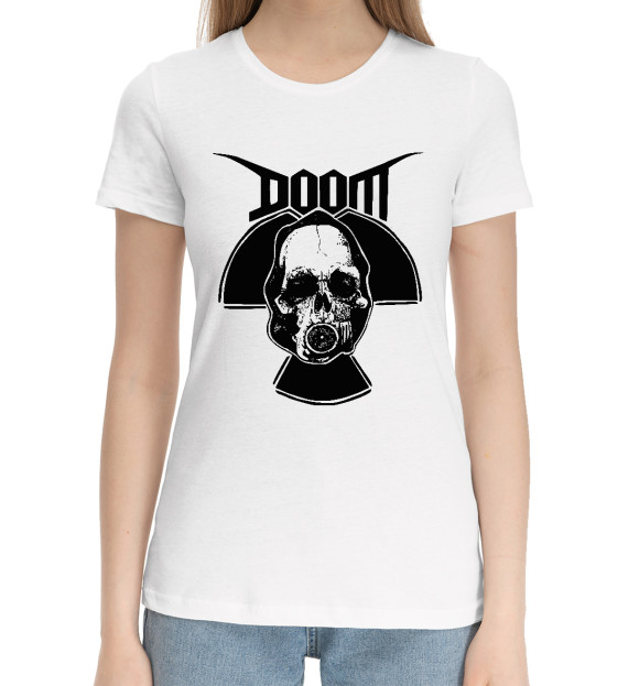 Женская хлопковая футболка с изображением DOOM Biohazard цвета Белый