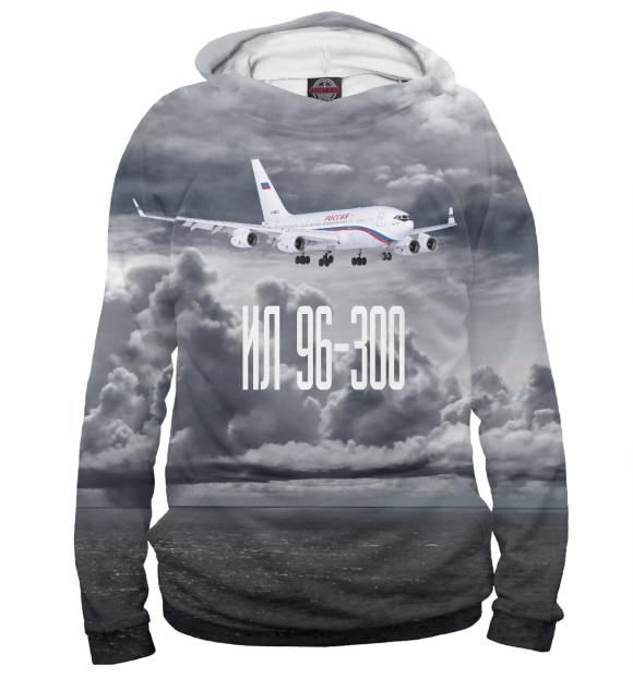 Мужское худи с изображением Самолет Ил 96-300 цвета Белый