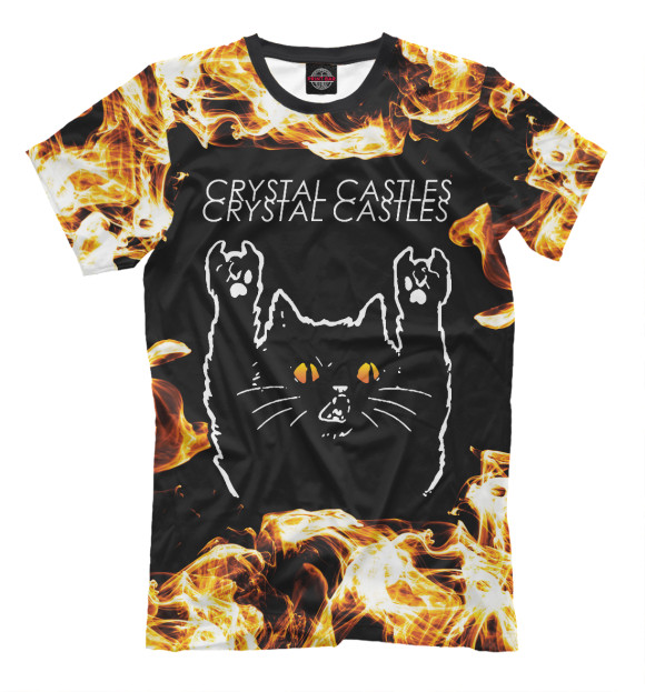 Мужская футболка с изображением Crystal Castles Рок Кот и Огонь цвета Белый