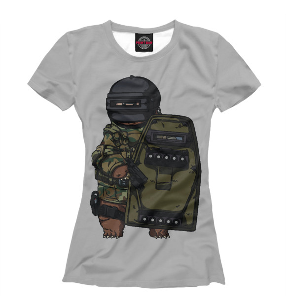 Женская футболка с изображением Мишка щитовик спецназа цвета Белый