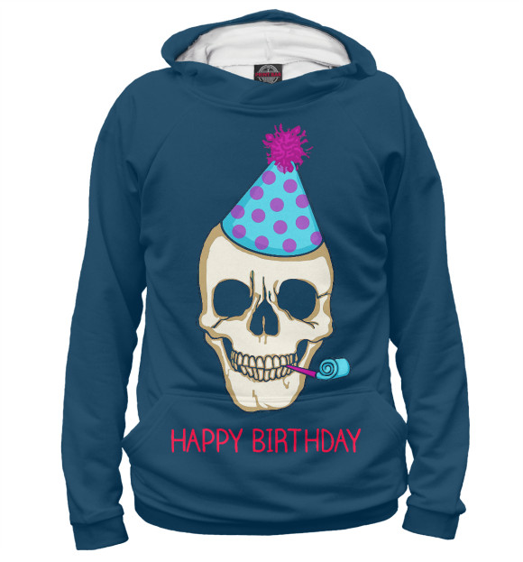 Мужское худи с изображением Череп- С днём Рождения! цвета Белый