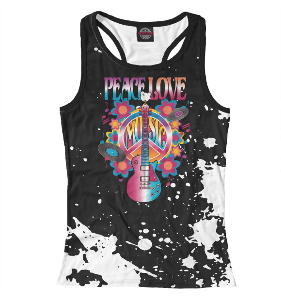 Женская майка-борцовка с изображением PEACE LOVE MUSIC цвета Белый