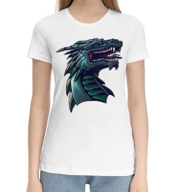 Женская хлопковая футболка с изображением Дракон цвета Белый