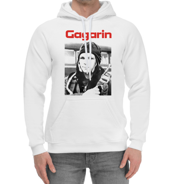 Мужской хлопковый худи с изображением Юрий Алексеевич Ггарин цвета Белый