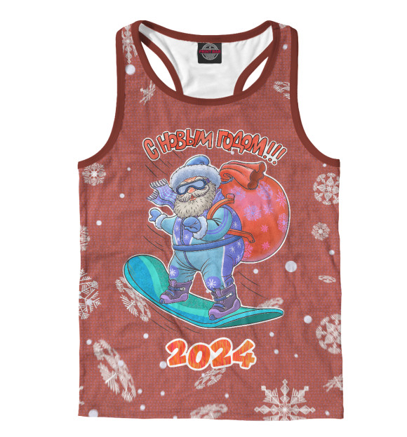 Мужская майка-борцовка с притом Дед Мороз на сноуборде цвета Белый Мужская майка-борцовка с изображением Дед Мороз на сноуборде цвета Белый